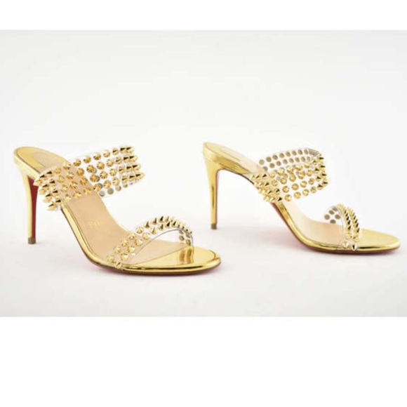 Christian Louboutin Spikes Only 85 Gold PVC Slide Mule Open Sandal Heel Pump 35 - Picture 8 of 10